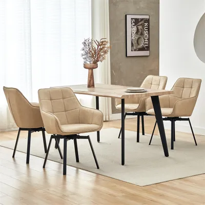 A dining set with four chairs around a wooden table in a room with a window and a framed picture on the wall.