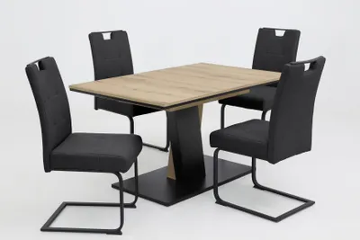 Produktbild von Hela Tische, 5tlg. ESSGRUPPE Beke, Säulentisch Ausziehbar, Evoke Eiche, Schwingstuhl Anthrazit mit Griff, FEDERKORB, Flachrohr Gestell,140kg belastbar