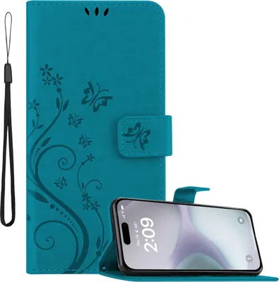 A teal flip phone case with a floral butterfly design is shown open, with a smartphone placed inside and angled to display its screen.