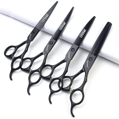Produktbild von Haarschneideschere Set 6 Zoll / 7 Zoll Ausdünnschere 440C Schwarz 4 Stück