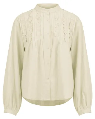 Produktbild von Romantische Damen Bluse gelb XL mit Stehkragen, langen Ärmeln und Rüschen