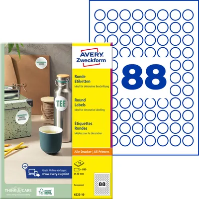 Produktbild von Avery Zweckform 6222-10, Runde Etiketten, A4, ? 20 mm, 880 Etiketten / 10 Bögen, weiß