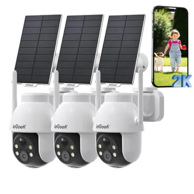 Image de Caméra de surveillance solaire ieGeek 2K pour l'extérieur, caméra sans fil avec surveillance à 360°, suivi automatique des personnes, vision couleur, vision nocturne, alarme lumineuse, lot de 3