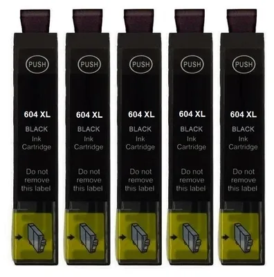 Five black ink cartridges are lined up against a white background.