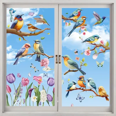 Produktbild von Fensterbilder Frühling Vögel Blumen Schmetterlinge 9 Blatt Selbstklebend Vinyl