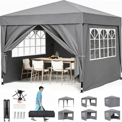 Produktbild von Pop-Up Pavillon, 3x3m Faltpavillon Wasserdicht Stabil, Gartenzelt UV Schutz 50+, Partyzelt mit Tragetasche, Höhenverstellbar Faltbar Gartenzelt mit 4 Seitenwänden, für Garten, Party (3 * 3 Grau)