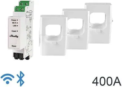 Produktbild von Shelly Pro 3EM-400, 3 Phasen WLAN + LAN Energiemessgerät, 400 Ampere