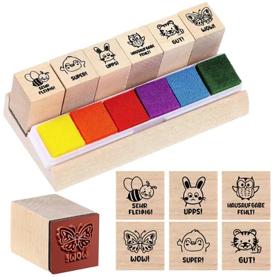 Image de Jeu de 6 tampons en bois pour enseignants, avec des motifs d'animaux