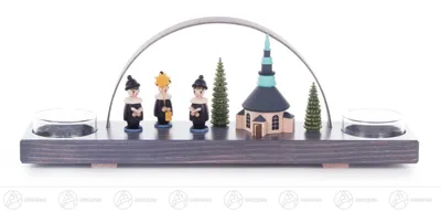 Produktbild von Schwibbogen mit Seiffener Kirche und Kurrende grau, für Teelichte Breite x Höhe x Tiefe 27 cmx10 cmx5,5 cm NEU