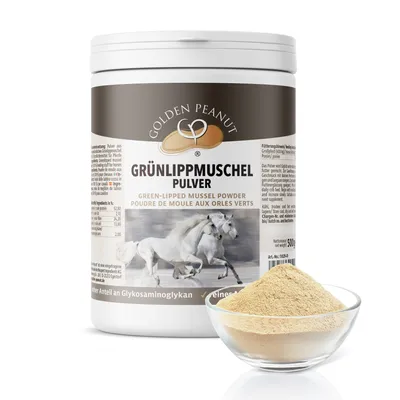 A product shot of a container of green-lipped mussel powder with a small bowl of the powder in the foreground.