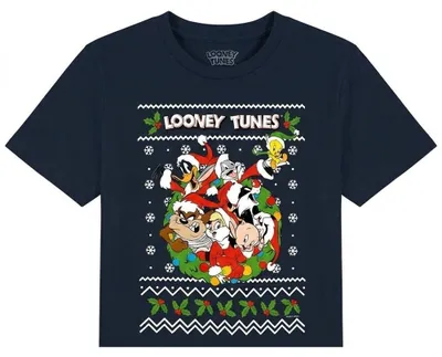 Image de T-shirt pour enfants Looney Tunes, collection "Noël", motif "Noël ringard", en coton filé, référence TV36899 (taille 116), couleur marine