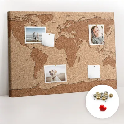 Obrázek produktu pro Korková nástěnka s kolíčky - Tabule s kolíky pro fotografie a poznámky - 100x70 cm - Připínáčky kovové 100 kusů - Korková mapa světa