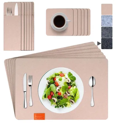 Produktbild von Platzsets Abwaschbar Filz Tischsets Vegane Platzdeckchen mit Untersetzer Bestecktasche - 8er Set, 43x29 cm, Pfirsich-Puff
