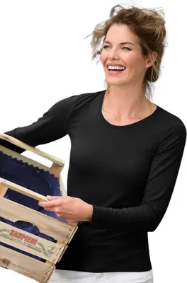 Produktbild von Langärmeliges Baumwoll-T-Shirt für Damen, 95% Baumwolle, 5% Elasthan, ohne Aufdruck, einfarbig, 180g/m2, Farbe schwarz, Größe M