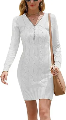 Produktbild von ASKSA Damen Pullover Strickkleider Reißverschluss Tunika Kleid Tops, Weiß, M