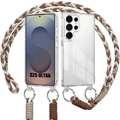 Image de Coque pour Samsung Galaxy S25 Ultra, Antichoc Transparent Rigide avec Cordon Blanc Marron
