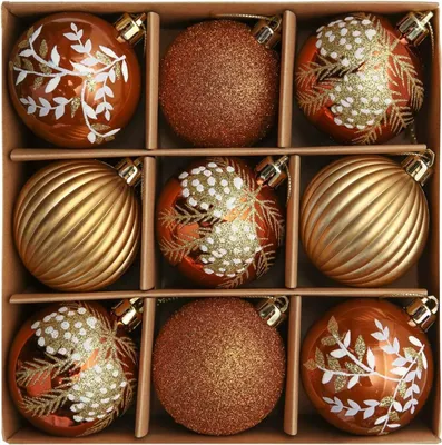 Productafbeelding van 9st 6cm kerstballen - Koper - Goud en brons kunststof kerstboomballen - Kerstboomversiering ornament
