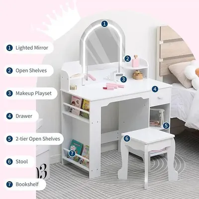Produktbild von Schminktisch für Kinder - Frisierkommode mit beleuchtetem Spiegel und Hocker - Verstellbares LED-Licht - Aufbewahrungsschublade - Holz - Grün