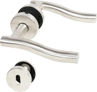Two stainless steel door handles and a separate escutcheon plate with a keyhole are displayed against a white background.