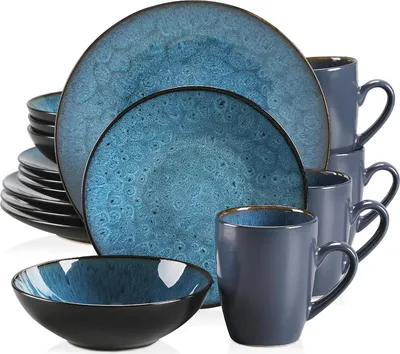 Image de Vaisselle - Set de vaisselle - 16 pièces - Céramique vintage - Avec assiette à dîner/dessert - Bol - Tasses à café - Bleu grès