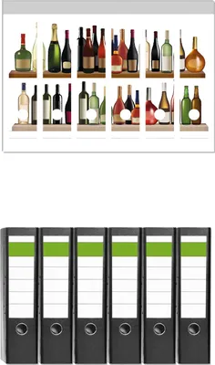 Produktbild von Wallario 6 Stück breite Ordner inkl. Klebeetiketten mit Motive Schnapsregal mit vielen bunten Flaschen -  Set mit Rückenschildern / Ordnerrücken Stickern