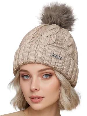 Produktbild von Damen Strickmütze mit Fleecefutter und Kunstfell Bommel Zopfmuster Grobstrick Wintermütze Bommelmütze Model 2207 Neverless®