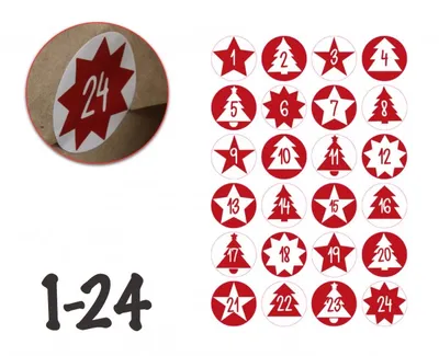 Productafbeelding van Adventskalender stickers, labels, plaatjes, cijfers, knopen, 1-24, zelfklevend, voor knutselen, editie 2