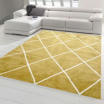 Zdjęcie produktu dla Dywan do salonu w stylu skandynawskim wzór diamentów - łatwy w czyszczeniu - złoty kremowy biały rozmiar - 160 x 230 cm