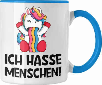 Produktbild von Trendation - Ich Hasse Menschen Tassen Tasse Becher Kaffeetasse Einhorn Lustig Spruch Geschenk Frauen Männer (Blau)