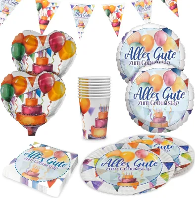 Produktbild von Happy Birthday Watercolor – Partyset 5-tlg. mit Ballons, Tellern & Bechern