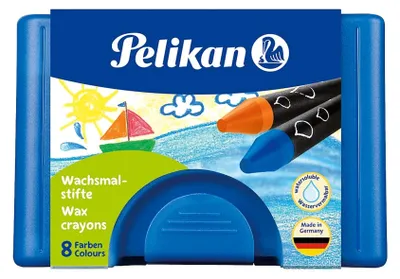 Zdjęcie produktu dla Kredki woskowe Pelikan w etui niebieskie 8 kolorów z okrągłą końcówką + skrobak