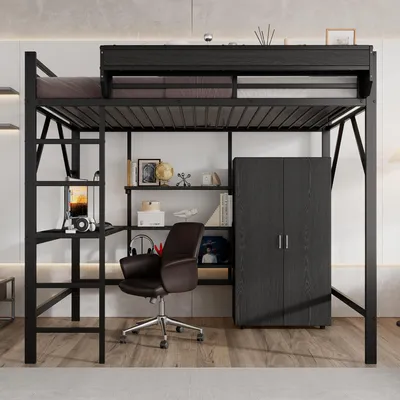 Productafbeelding van Hoogslaper 140 x 200 cm met bureau en kledingkast, ijzeren bed, opbergruimte, plank boven het bed, ladder, ijzer + MDF, zwart, kinderbed