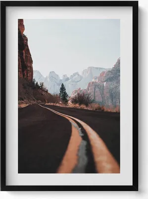 Produktbild von Straße zwischen Bergen– Wandbild mit Rahmen – Gerahmtes Bild  – Wanddekoration – 50x70 cm –  Schwarz Rahmen