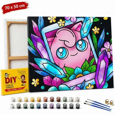 Obrázek produktu pro Obraz k vybarvení podle čísel s rámečkem – Pokémon Jigglypuff, 70 × 50 cm