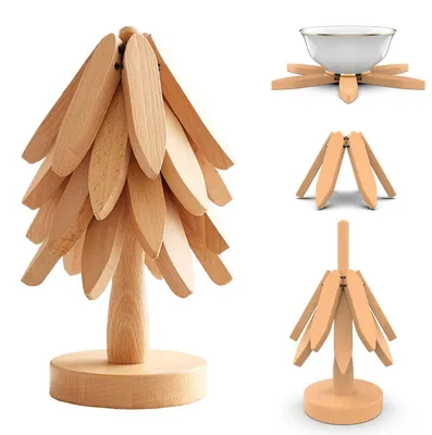 Immagine prodotto di Sottopiatti in legno per piatti caldi, forma a albero, set da 4 con supporto, in legno di faggio