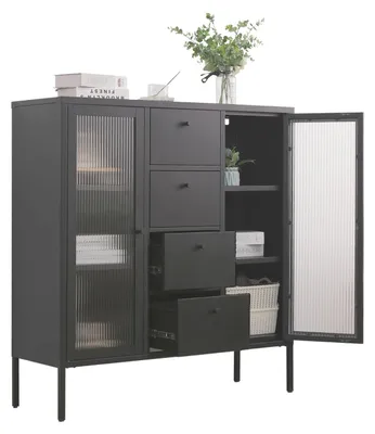 Produktbild von Mein-Regal Highboard Paris aus Metall mit Schubladen und Glastüren Schwarz