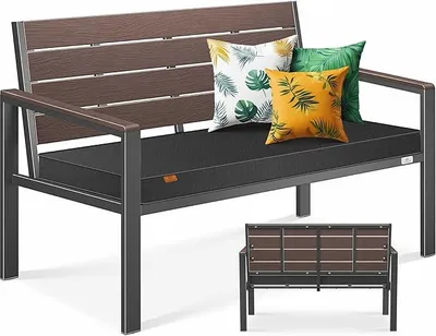 Productafbeelding van Tuinbank met kussens – Weersbestendige zitbank voor 2 personen, parkbank met houtlook, balkonbank voor tuin, terras of balkon, belastbaar tot 300 kg, UV-bestendig, inclusief afneembare en wasbare kussensloop