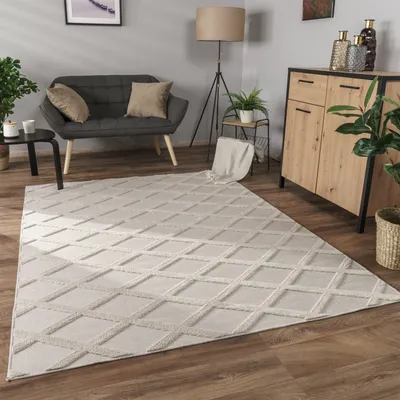 Produktbild von Teppich Wohnzimmer Schlafzimmer Kurzflor Boho Skandi Raute 3D Grau Anthrazit Grösse 120x160 cm