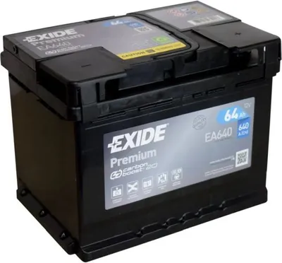 A black car battery with branding and specifications visible.