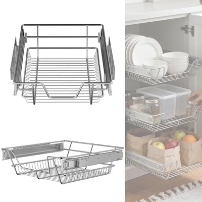 Obrázek produktu pro LZQ Teleskopické zásuvky 60 cm, sada 2 ks, plně výsuvné koše do kuchyňských skříněk a nábytku, systém výsuvných zásuvek, stříbrné