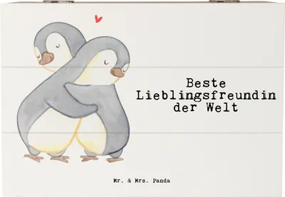 Produktbild von Mr. & Mrs. Panda Holztruhe Pinguin Beste Lieblingsfreundin der Welt 22 x 15 cm - Weiß - Geschenk, Lieblings Mensch, schmuckbox, Liebe, kiste holz, Herz, Love, Box aus