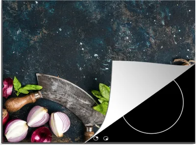 Produktbild von KitchenYeah© Herdabdeckplatte Gemüse - Kräuter - Wiegemesser - Zwiebel - Gewürze - Rustikal , 71x52cm, Küche Deko, Glaskeramikkochfeld Herdabdeckung, Abdeckplatte fùr Kochfeld