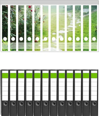 Produktbild von Wallario 12 Stück schmale Ordner inkl. Klebeetiketten mit Motive Steinweg im Grünen -  Set mit Rückenschildern / Ordnerrücken Stickern