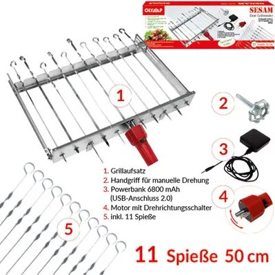 Produktbild von Edelstahl Spießdreher Sesam mit 11 Spießen Schaschlik Mangal mit Motor +Powerbank