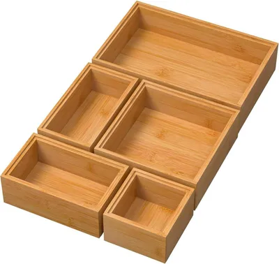 Produktbild von Exabang Bambus Schubladen Organizer Set - 5-teilig - Stapelbar - Make up, Küche, Badezimmer, Büro