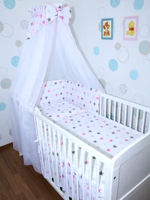 Produktbild von Primawela Baby Bettset - 6 teiliges Set mit Chiffon Himmel Bettwäsche Nestchen 13. Star Rosa