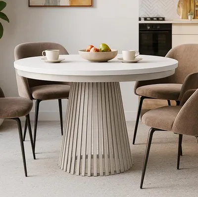 Produktbild von BEAUTYSOFA | Runder Ausziehbarer Tisch LUMI Ø 120–200 cm, Tisch für Esszimmer, Loft-Stil, Skandinavische, Kaschmir/Weiß