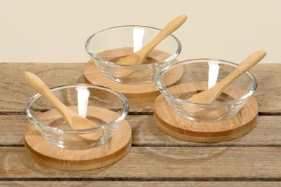 Produktbild von Servierplatte Glas Tablett Holzuntersetzter Löffel 9 teilig