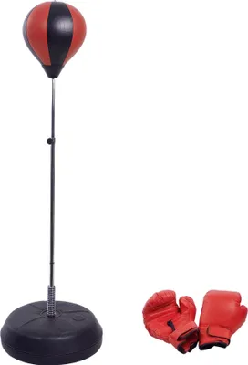 A boxing punching ball set with gloves on a white background.