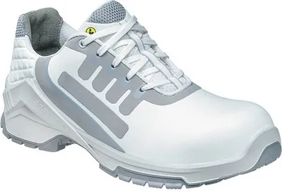A single white and gray safety shoe is shown against a white background.